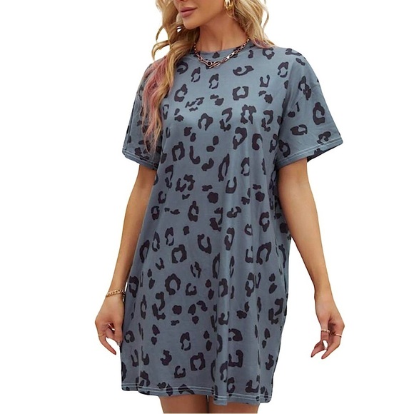Women’s Blue Gray Leopard Print Drop Shoulder Dress - Picture 1 of 6